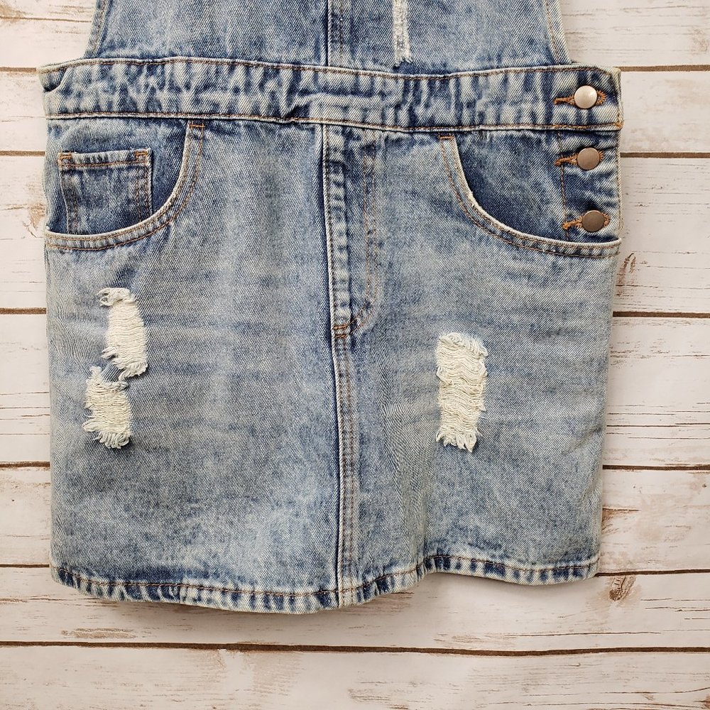 F21 Distressed Denim Overall Jumper Dress Pockets Light Blue MIni Size M - Picture 3 of 12